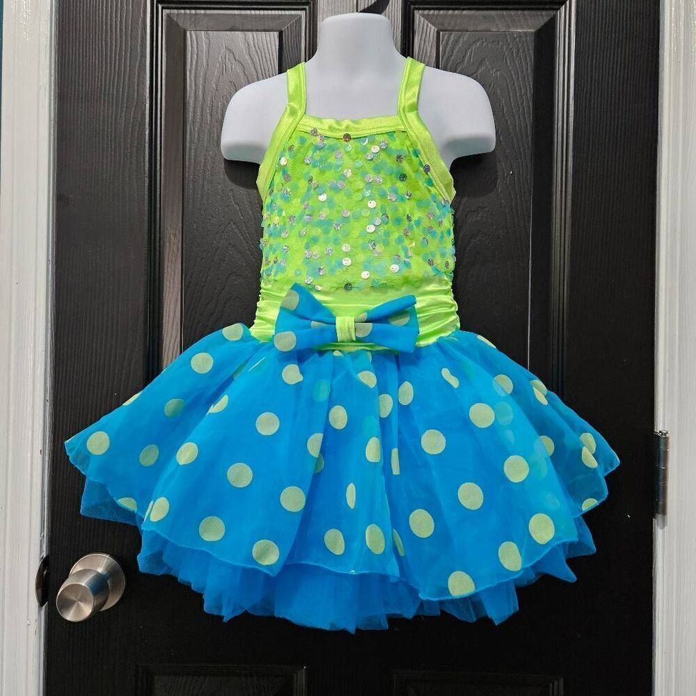Weissman NWOT child small dance costume jazz tap solo blue green polka dots